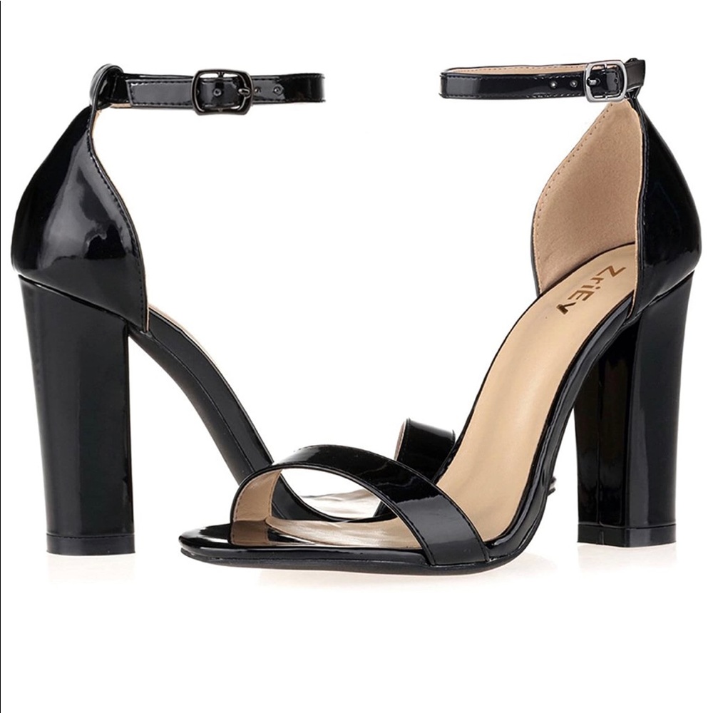 Black Patent Ankle Strap Open Toe Block Heel